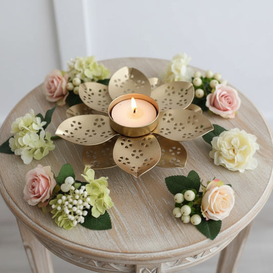 Gold Lotus Tealight Candle Holder | Metal Flower Candle Stand for Home and Table Decor