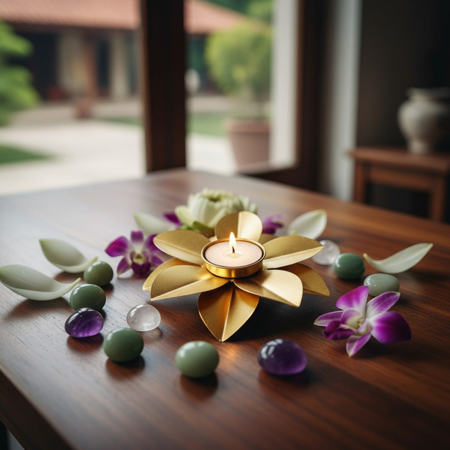 Gold Lotus Tealight Candle Holder | Decorative Metal Flower Candle Stand for Home & Table Decor