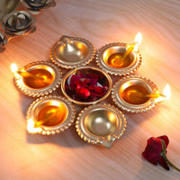 Set of Premium Gold Metal Diyas with a Central Bowl - a decorative candle holder for festivals and home and spiritual decor