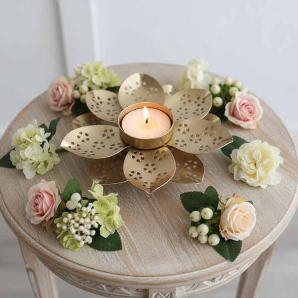 Gold Lotus Tealight Candle Holder | Metal Flower Candle Stand for Home and Table Decor
