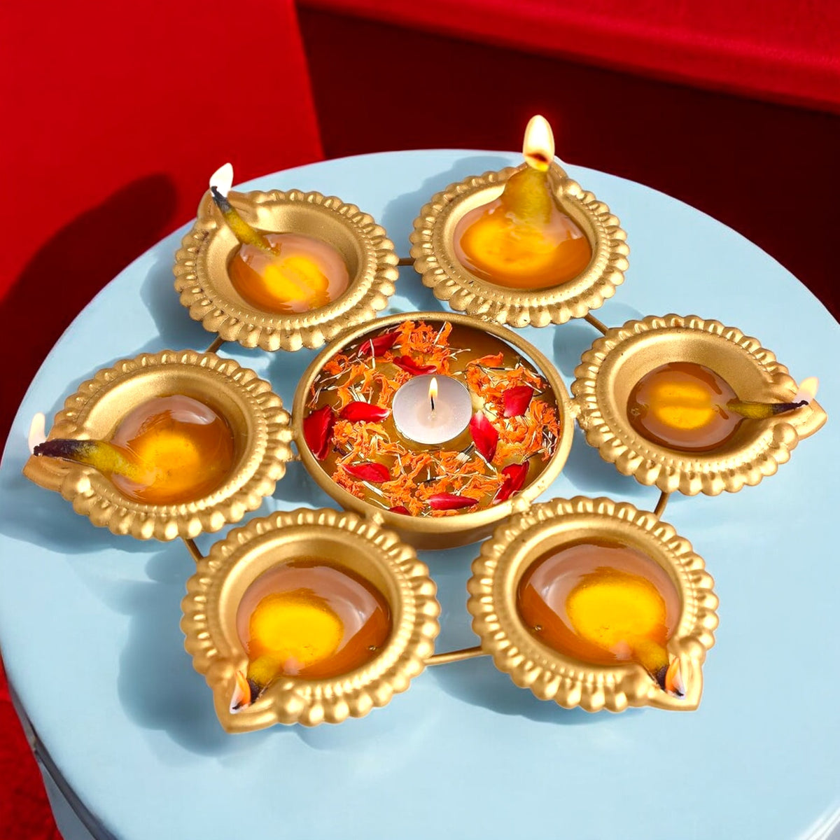 Set of Premium Gold Metal Diyas with a Central Bowl - a decorative candle holder for festivals and home and spiritual decor