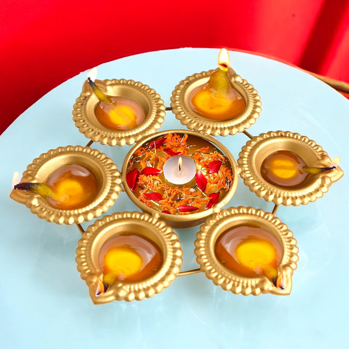 Set of Premium Gold Metal Diyas with a Central Bowl - a decorative candle holder for festivals and home and spiritual decor