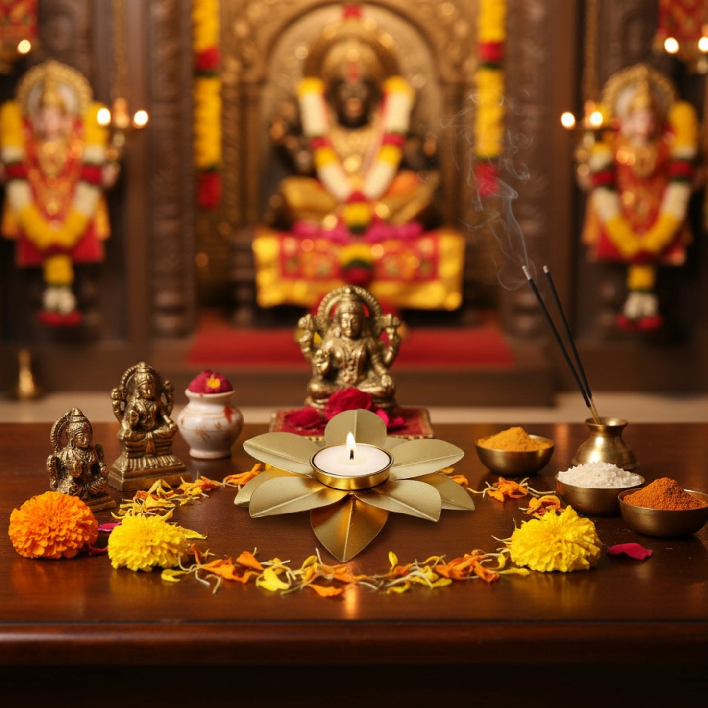 Gold Lotus Tealight Candle Holder | Decorative Metal Flower Candle Stand for Home & Table Decor