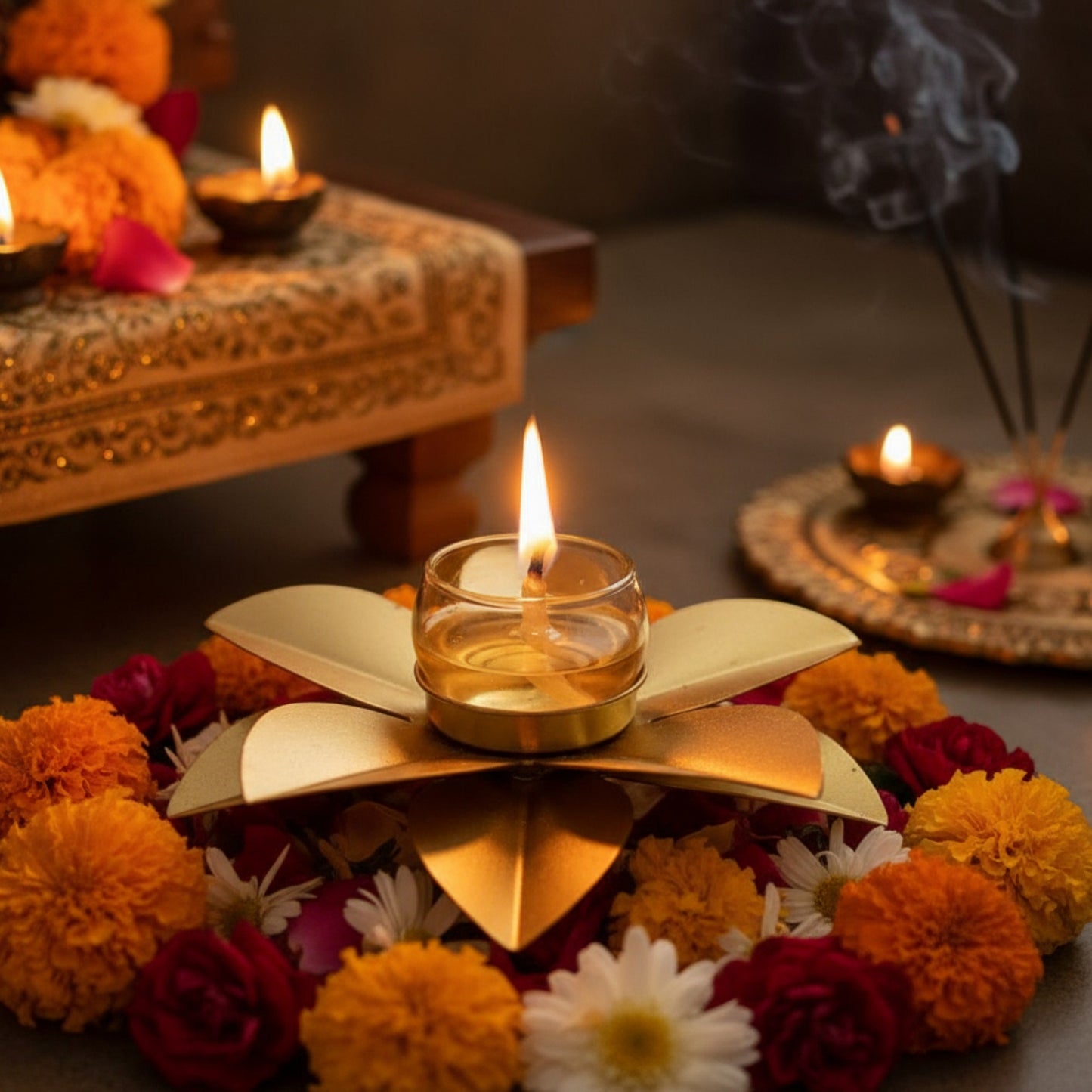 Gold Lotus Tealight Candle Holder | Decorative Metal Flower Candle Stand for Home & Table Decor