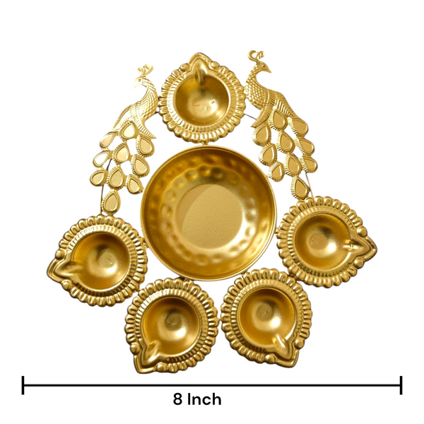 Gold Metal Decorative Diya Thali Set with 5 tealight holders and a center plate with a peacock design for home decor