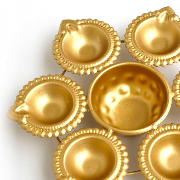 Set of Premium Gold Metal Diyas with a Central Bowl - a decorative candle holder for festivals and home and spiritual decor