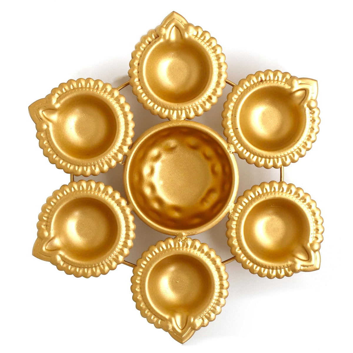 Set of Premium Gold Metal Diyas with a Central Bowl - a decorative candle holder for festivals and home and spiritual decor