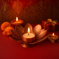 Copper Lotus Candle Holder Metal | Decorative Lotus Tealight Stand | Flower Table Decor Lamp
